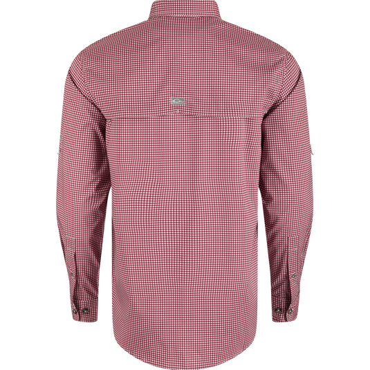 Texas A&M Frat Gingham Long Sleeve Shirt with hidden collar, chest pockets, and adjustable sleeves. Lightweight, stretchy, and moisture-wicking.