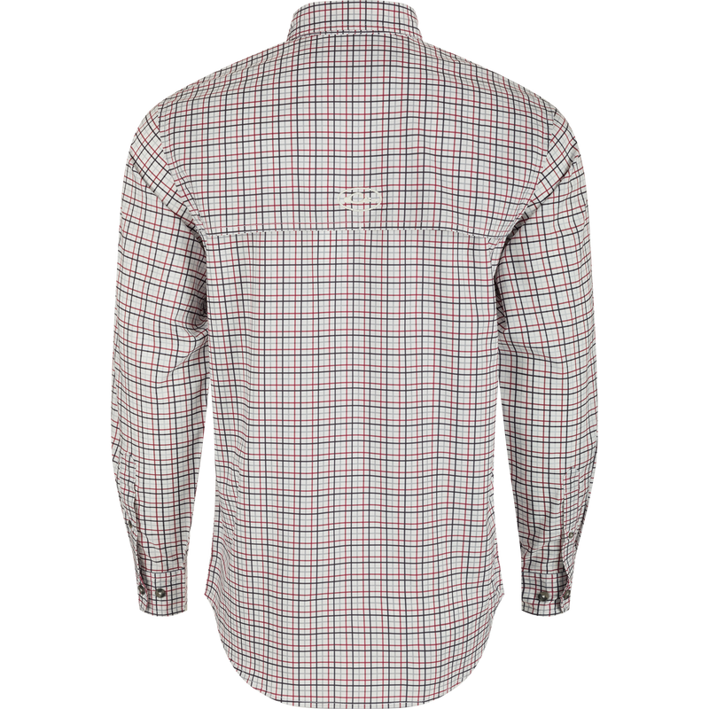 Texas A&M Frat Tattersall Long Sleeve Shirt - Back view of a plaid shirt with hidden button-down collar, vented cape back, and two button-through flap chest pockets.