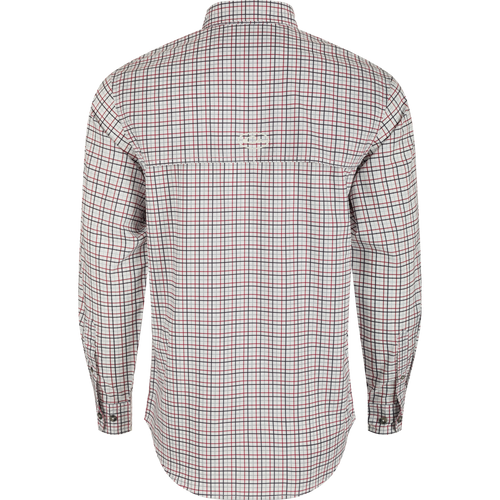 Texas A&M Frat Tattersall Long Sleeve Shirt - Back view of a plaid shirt with hidden button-down collar, vented cape back, and two button-through flap chest pockets.