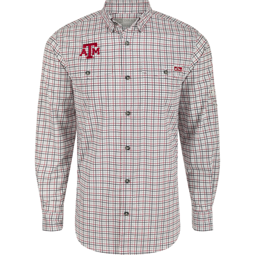 Texas A&M Frat Tattersall Long Sleeve Shirt with logo, hidden collar, and chest pockets. Lightweight, stretchy, and UPF30 sun protection.