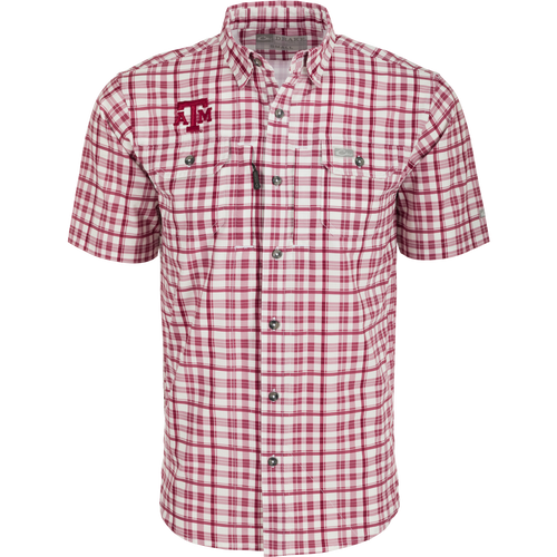 Texas A&M Hunter Creek Windowpane Plaid Shirt, featuring lightweight polyester fabric, hidden button-down collar, and vented cape back.