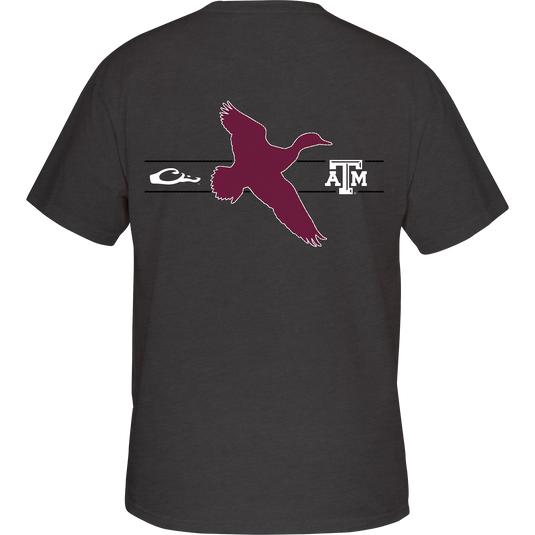 Texas A&M Drake & School Logo T-Shirt: Back of grey shirt with a bird logo and Texas A&M logo.