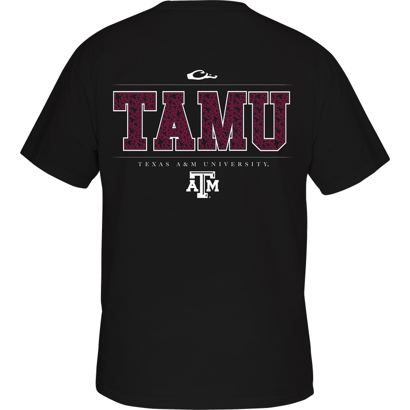 Texas A&M Block Letter Logo Tee S/S: Back of black shirt with white text and pink leopard print, showcasing ducks flying through TAMU letters.