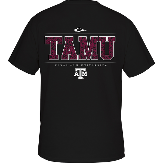 Texas A&M Block Letter Logo Tee S/S: Back of black shirt with white text and pink leopard print, showcasing ducks flying through TAMU letters.