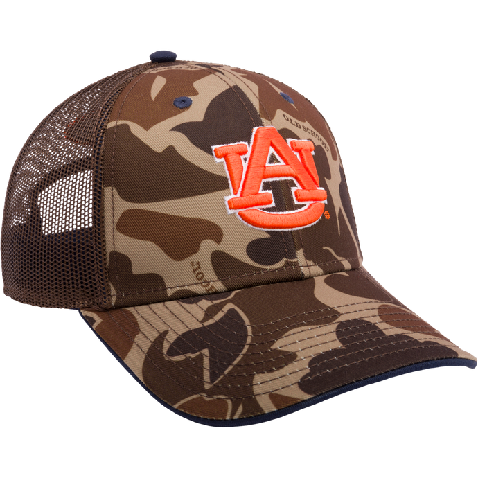 Auburn Old School Cap: Camouflage trucker hat with mesh back panels. Structured 6-panel design, X-Peak visor, embroidered college logo, adjustable snap-back closure. Ideal for hunting and outdoor activities.