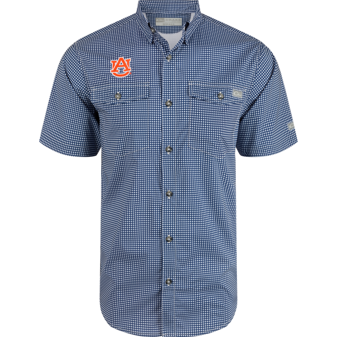 Auburn Frat Gingham Short Sleeve Shirt, a performance shirt with hidden collar, chest pockets, and vented back. Lightweight, stretchy, and quick-drying.