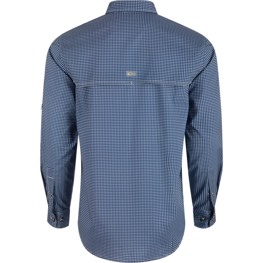 Auburn Frat Gingham Long Sleeve Shirt, back view, lightweight polyester/spandex blend, hidden button-down collar, vented cape back, adjustable roll-up sleeves.