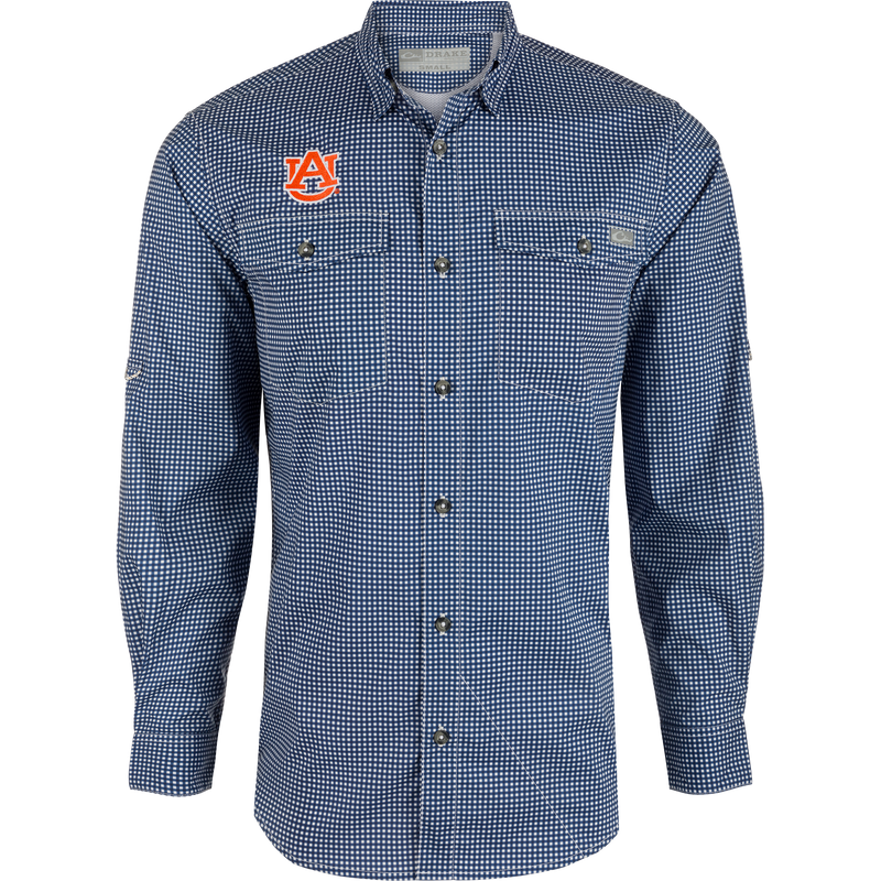Auburn Frat Gingham Long Sleeve Shirt with hidden collar, chest pockets, and adjustable roll-up sleeves. Lightweight, moisture-wicking fabric with UPF30 sun protection.