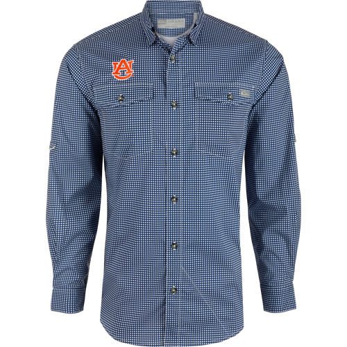 Auburn Frat Gingham Long Sleeve Shirt with hidden collar, chest pockets, and adjustable roll-up sleeves. Lightweight, moisture-wicking fabric with UPF30 sun protection.