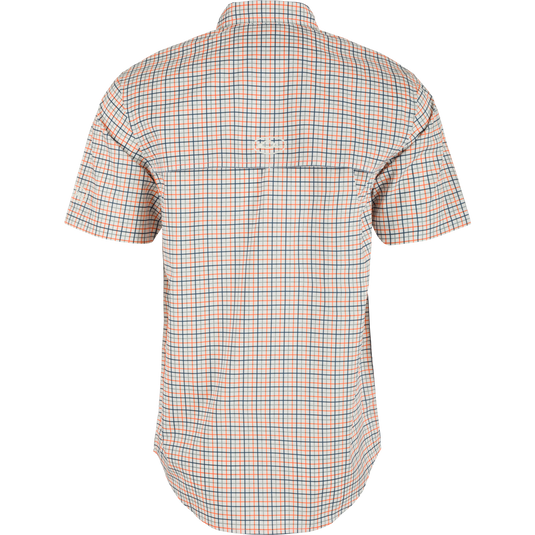 Auburn Frat Tattersall shirt with back view, hidden collar, vented cape back, and chest pockets. Lightweight, stretchy, and UPF30 sun protection.