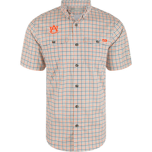 Auburn Frat Tattersall Short Sleeve Shirt, a plaid shirt with hidden button-down collar, chest pockets, and vented cape back. Lightweight, moisture-wicking, and UPF30 sun protection.