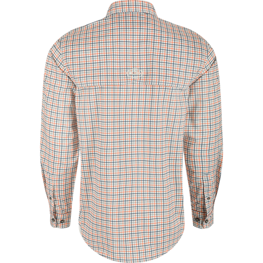 Auburn Frat Tattersall Long Sleeve Shirt - Back view of a white and orange plaid shirt with hidden button-down collar, vented cape back, and two button-through flap chest pockets. Made from lightweight, moisture-wicking fabric with UPF30 sun protection.