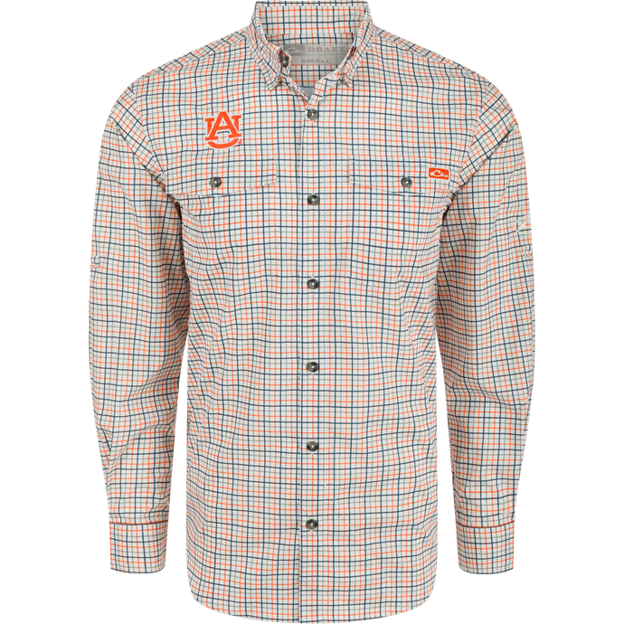 Auburn Frat Tattersall Long Sleeve Shirt with logo, plaid pattern, and hidden button-down collar. Lightweight, moisture-wicking fabric with UPF30 sun protection. Classic fit with vented cape back and adjustable roll-up sleeves.