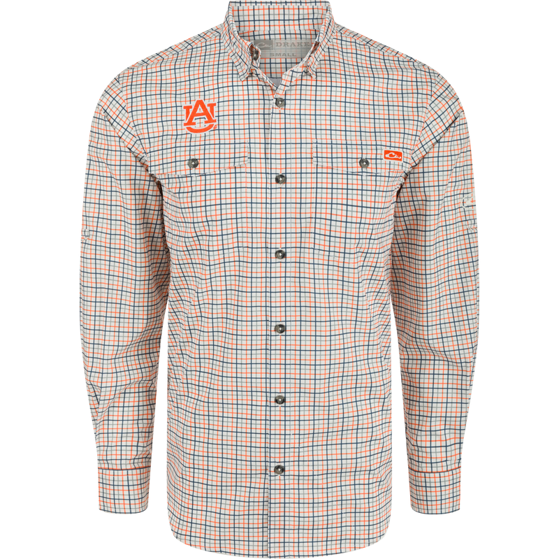 Auburn Frat Tattersall Long Sleeve Shirt with logo, plaid pattern, and hidden button-down collar. Lightweight, moisture-wicking fabric with UPF30 sun protection. Classic fit with vented cape back and adjustable roll-up sleeves.