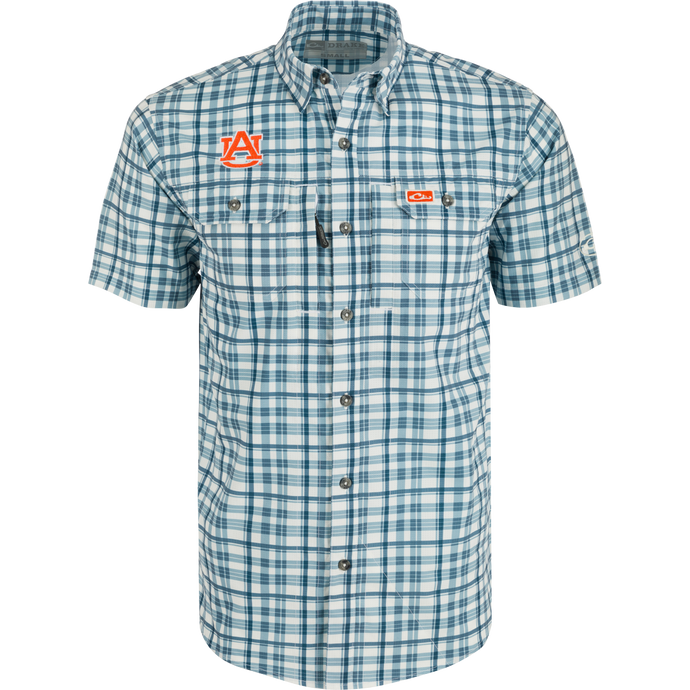 Auburn Hunter Creek Windowpane Plaid Short Sleeve Shirt - A lightweight, moisture-wicking shirt with hidden button-down collar and vented cape back.