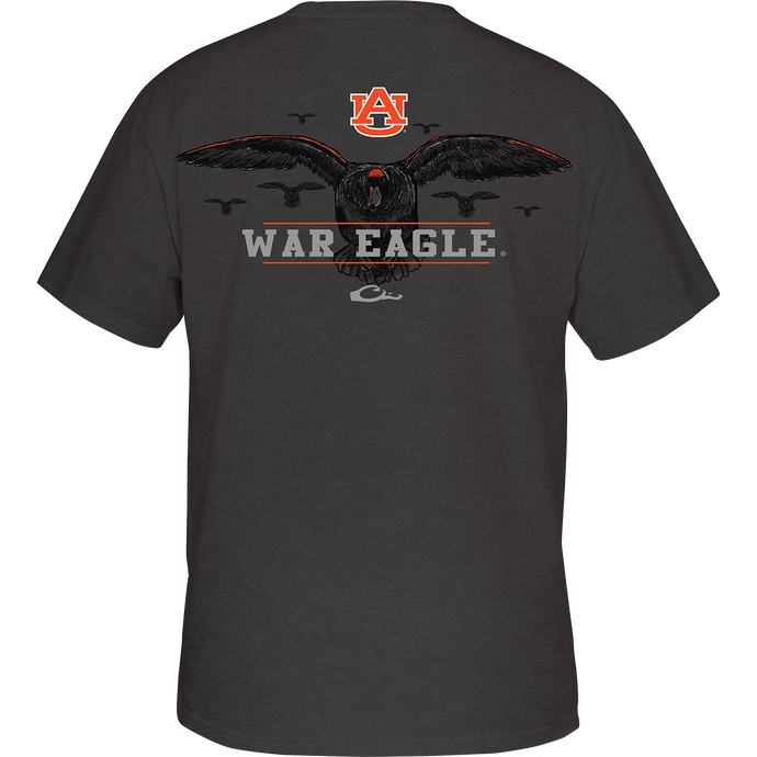 Auburn Cupped Up T-Shirt: Back of a grey shirt with a logo and duck artwork featuring your school's catch phrase. Front showcases your school's logo on the chest pocket.