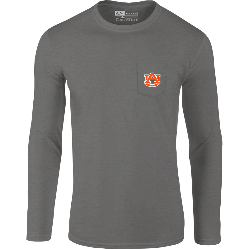 Auburn Sportsman T-Shirt: A long-sleeved grey shirt with a logo on the chest pocket. Back artwork showcases items used on Saturdays in the South with your school's logo. Made of 60% cotton / 40% polyester blended fabric. Tag-less neck label for non-irritating comfort.