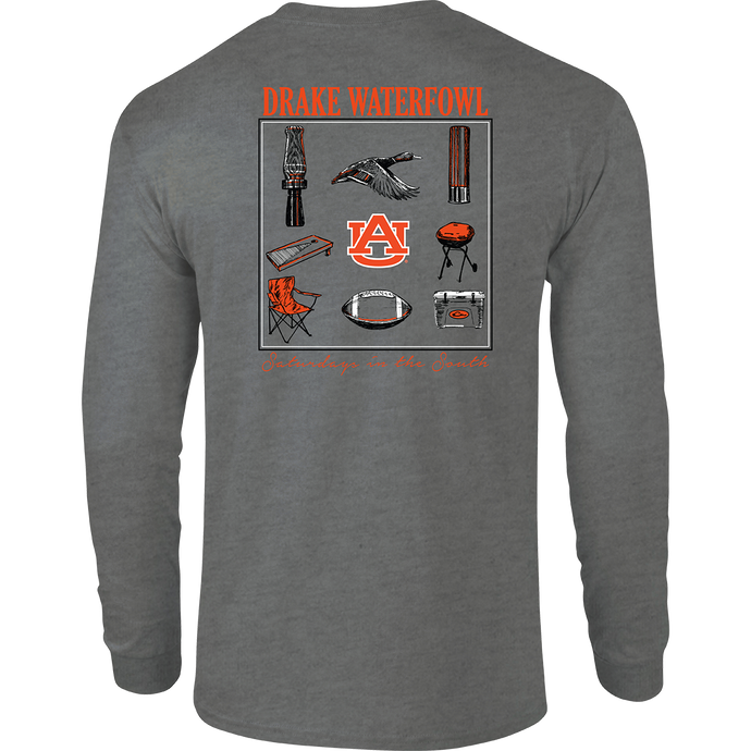 Auburn Sportsman T-Shirt: Back artwork of items used on Saturdays in the South with school's logo on a grey long sleeve tee.