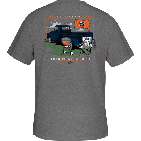 Auburn Drake Tailgate T-shirt with truck and flag design on back. School logo pocket on front. Lightweight cotton/poly blend.