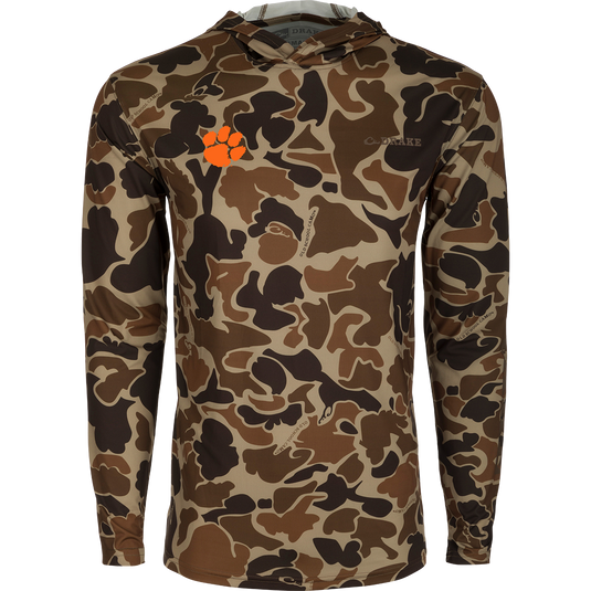 Clemson Performance Long Sleeve Camo Hoodie - A lightweight, versatile hoodie with a camouflage pattern and logo. Built-in cooling, UPF 50, moisture-wicking, and quick-drying fabric for exceptional functionality. Perfect for hunting and outdoor activities.