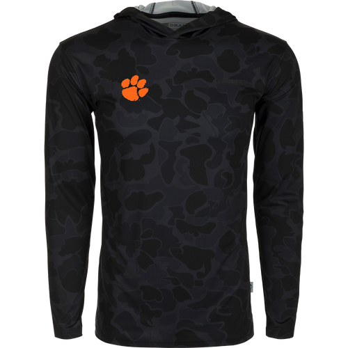 Clemson Performance Long Sleeve Camo Hoodie - A versatile black hoodie with an orange paw print, delivering exceptional functionality with cooling, stretch, and moisture-wicking features. Perfect for all-year wear in various weather conditions.