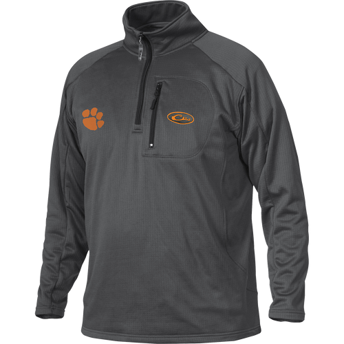 A grey jacket with Clemson University Tiger Paw logo embroidery on right chest, made of 100% polyester micro-fleece with square check backing. Features a 1/4 zip and a vertical front chest zippered pocket. Ideal for active outdoorsmen in cool weather.
