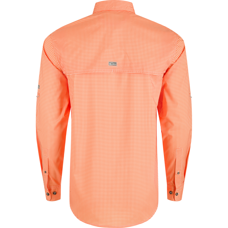 Clemson Frat Gingham Long Sleeve Shirt, lightweight performance fabric with hidden button-down collar, vented cape back, and adjustable roll-up sleeves.