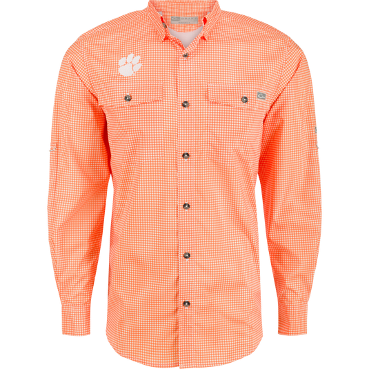 Clemson Frat Gingham shirt with hidden collar, chest pockets, and adjustable sleeves. Lightweight, stretchy, and moisture-wicking fabric.
