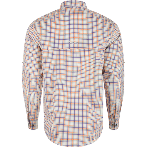 Clemson Frat Tattersall Long Sleeve Shirt, lightweight performance fabric with hidden collar, chest pockets, and vented cape back.