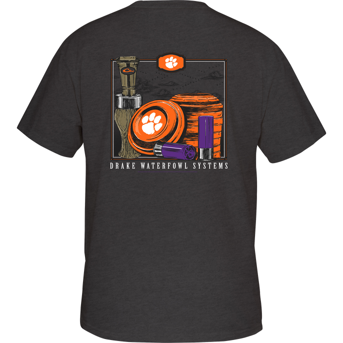 Clemson Clay & Call T-Shirt: Back of a grey t-shirt with clays, shells, and a call graphic design. Features front left chest Drake logo with Clemson logo above.