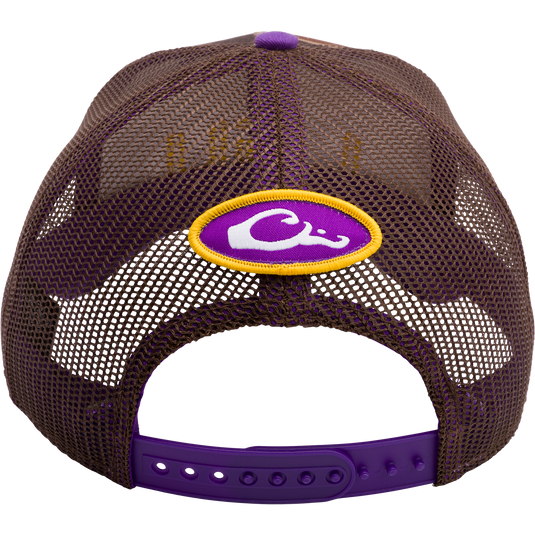 LSU Old School Cap featuring exclusive Old School Original Camo pattern, structured 6-panel crown, X-Peak visor, and embroidered college logo. Adjustable snap-back closure for a custom fit.