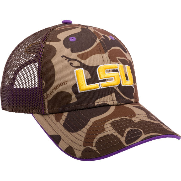 LSU Old School Cap: A structured trucker hat with mesh back panels, X-Peak visor, and embroidered college logo. Back snap-back closure for adjustability.