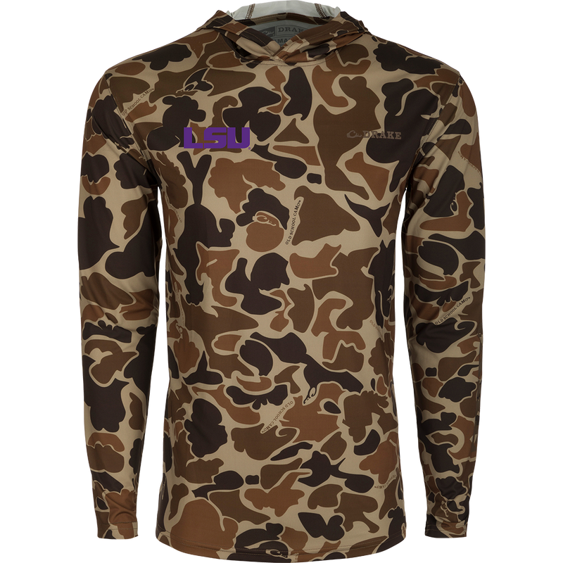 LSU Performance Long Sleeve Camo Hoodie, a functional and versatile lightweight shirt with built-in cooling, UPF 50 sun protection, and moisture-wicking properties. Ideal for outdoor activities.