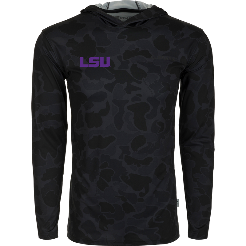 LSU Performance Long Sleeve Camo Hoodie - A versatile, lightweight hoodie with cooling, stretch, and moisture-wicking features. Perfect for outdoor activities.