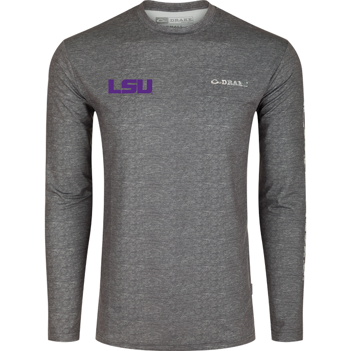 LSU Performance Heather Long Sleeve Crew, a functional and lightweight shirt with cooling, stretch, and moisture-wicking features. Ideal for autumn evenings in Death Valley.