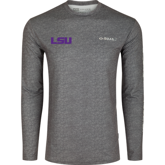 LSU Performance Heather Long Sleeve Crew, a functional and lightweight shirt with cooling, stretch, and moisture-wicking features. Ideal for autumn evenings in Death Valley.
