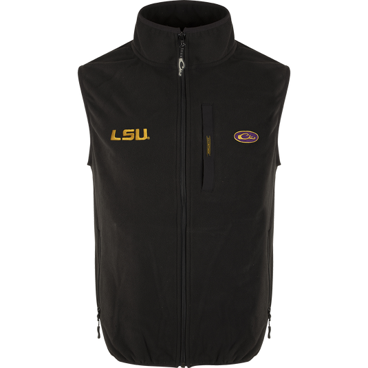 A black Windproof Layering Vest with LSU logo embroidery on the right chest. Features include a stand-up collar, Magnattach™ left chest pocket, and lower hand warmer pockets. Made of 100% polyester, this vest is windproof, water-resistant, and ultra-warm. Perfect for outdoor activities.
