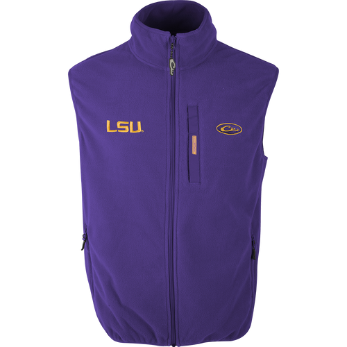 A close-up of the LSU Camp Fleece Vest with windproof barrier, stand-up collar, and multiple pockets.