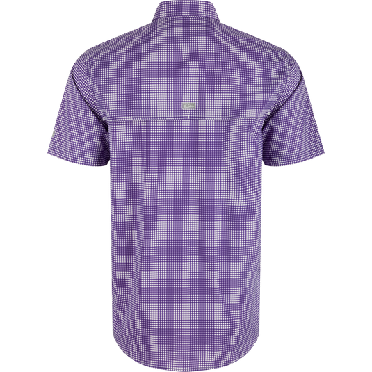 LSU Frat Gingham shirt with hidden collar, chest pockets, and vented cape back. Lightweight, stretchy, and sun-protective.