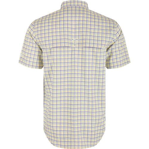 LSU Frat Tattersall Short Sleeve Shirt, a lightweight plaid shirt with hidden collar, chest pockets, and vented cape back.