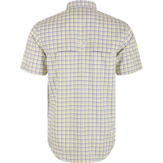 LSU Frat Tattersall Short Sleeve Shirt, a lightweight plaid shirt with hidden collar, chest pockets, and vented cape back.