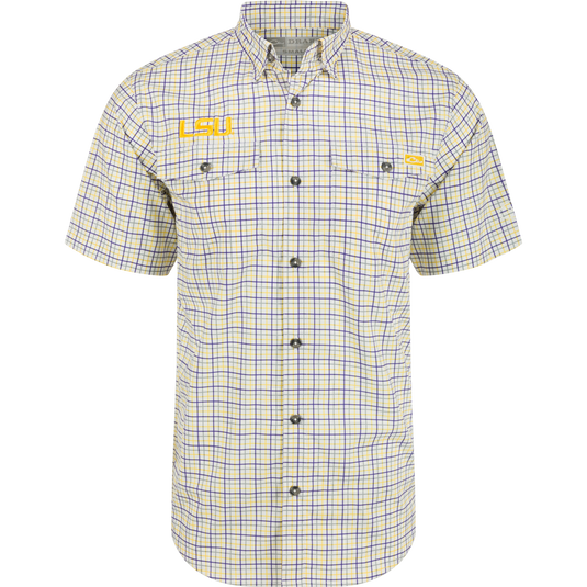 LSU Frat Tattersall Short Sleeve Shirt, featuring a plaid pattern, hidden button-down collar, and vented cape back. Lightweight, moisture-wicking fabric with UPF30 sun protection.
