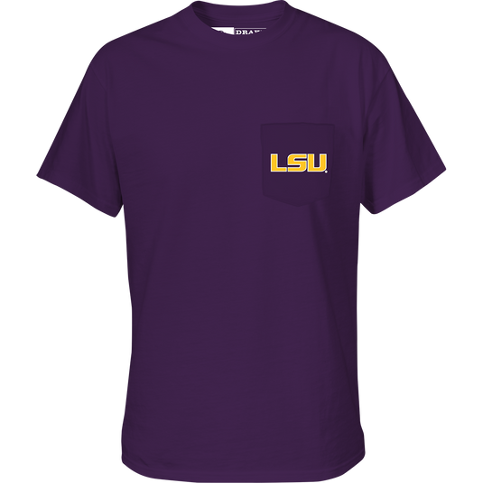 LSU Black Lab T-Shirt: A purple t-shirt with a logo on the chest pocket and a black lab head scene on the back featuring your school's logo.