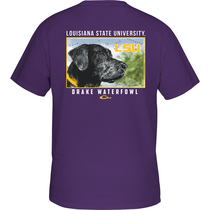 LSU Black Lab T-Shirt: Back of a purple t-shirt with a black lab head scene featuring your school's logo and 