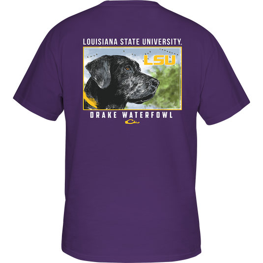 LSU Black Lab T-Shirt: Back of a purple t-shirt with a black lab head scene featuring your school's logo and "Drake Waterfowl" text. Front chest pocket with school logo.