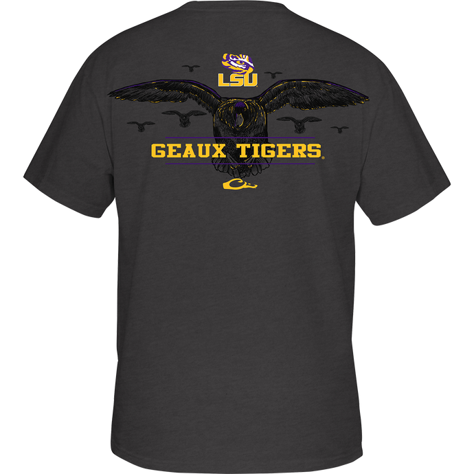 LSU Cupped Up T-Shirt: Back of grey tee with a stylized cupped up duck scene featuring your school's logo and catch phrase. Front left chest has Drake logo.