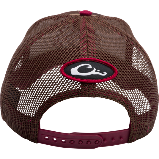 A Mississippi State Old School Cap with embroidered college logo on a brown hat with mesh panels. Structured 6-panel design, curved X-Peak visor, and adjustable snap-back closure. Ideal for hunting and casual wear.