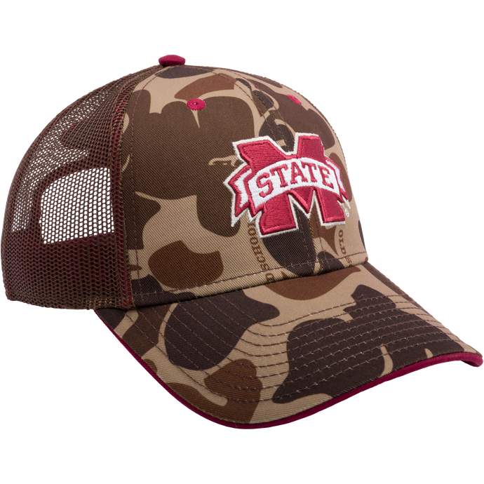 A Mississippi State Old School Cap featuring an embroidered college logo on a mesh back trucker hat with a snap-back closure. Ideal for hunting and casual wear.