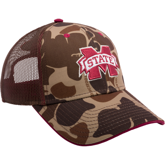 A Mississippi State Old School Cap featuring an embroidered college logo on a mesh back trucker hat with a snap-back closure. Ideal for hunting and casual wear.
