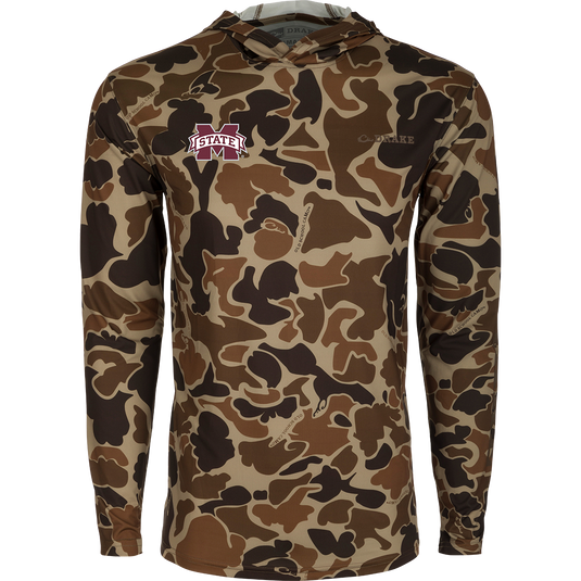 Mississippi State Performance Long Sleeve Camo Hoodie, a versatile lightweight shirt with logo, built-in cooling, UPF 50 sun protection, and moisture-wicking properties.